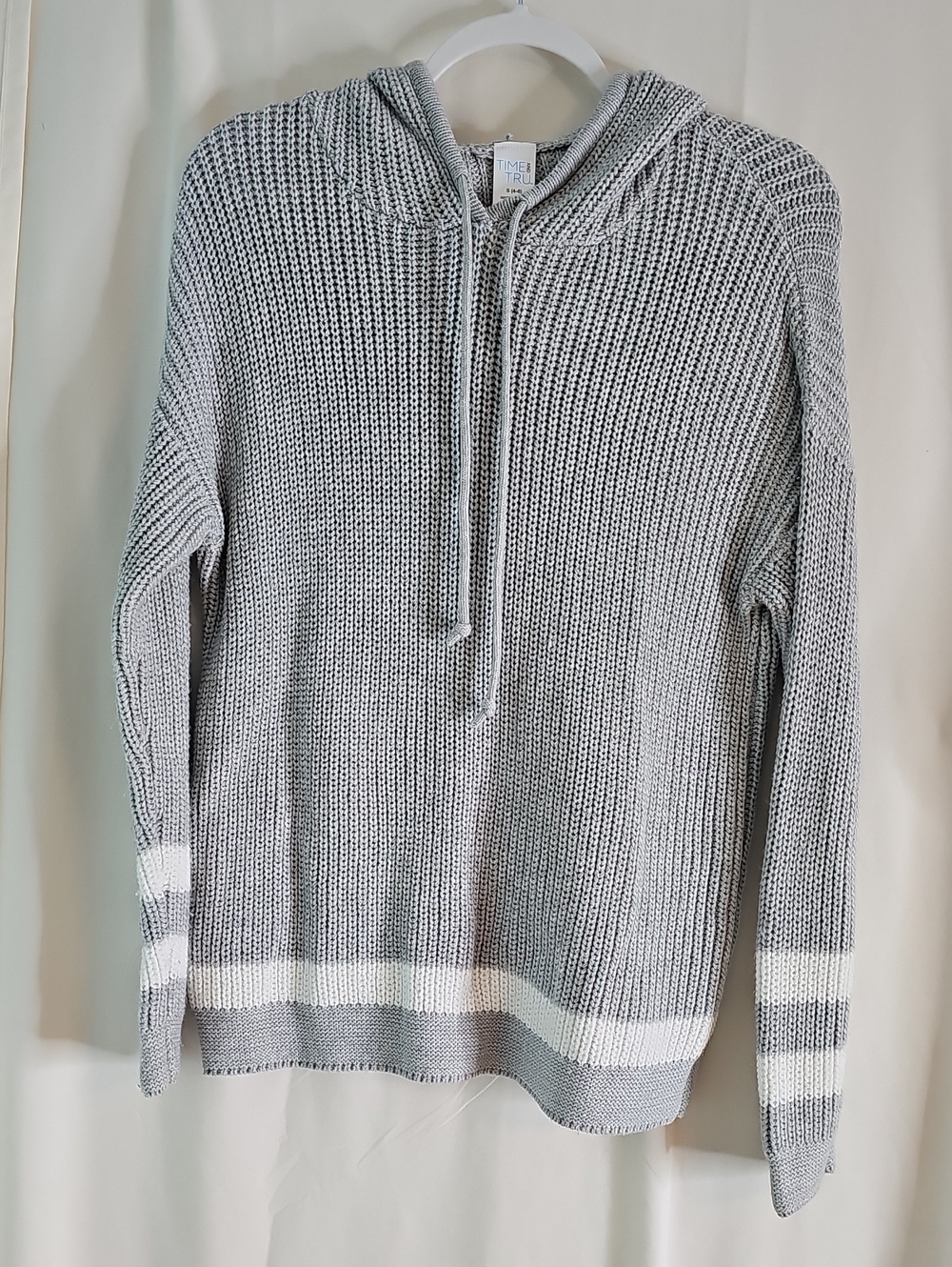 Time and Tru Gray Hooded Knit Sweater with White Trim